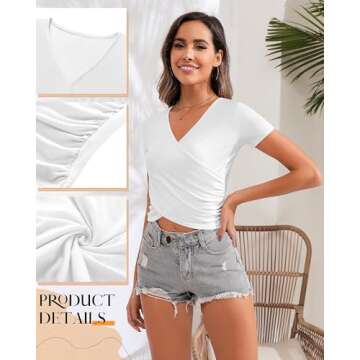 Huukeay 3 Pcs Women's Deep V Neck Short Sleeve Crop Tops Slim Fitted Cross Wrap Tops Summer Casual T Shirts (Black, White, Gray,X-Large)