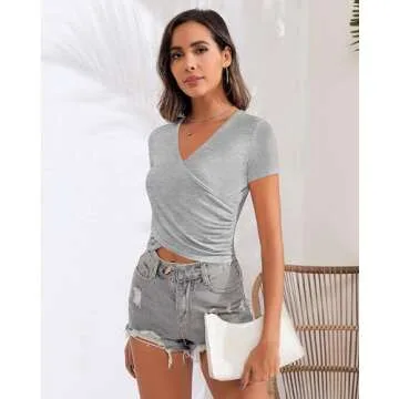 Huukeay 3 Pcs Women's Deep V Neck Short Sleeve Crop Tops Slim Fitted Cross Wrap Tops Summer Casual T Shirts (Black, White, Gray,X-Large)