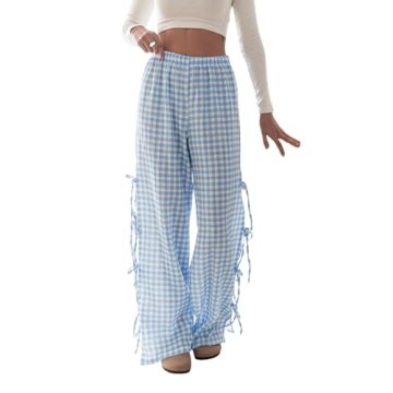 Stylish Y2k Plaid Long Pants with Side Bow Tie - Comfort & Fashion