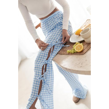 Y2k Plaid Long Pants Side Bow Tie High Waist Lounge Pants