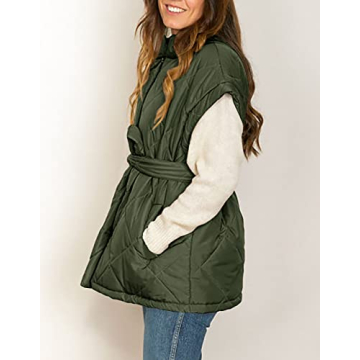 Jeanewpole1 Women's Padded Puffy Vest Stand Collar Sleeveless Zip Gilet with Belt