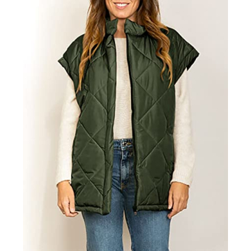 Jeanewpole1 Women's Padded Puffy Vest Stand Collar Sleeveless Zip Gilet with Belt