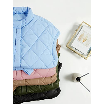 Jeanewpole1 Women's Padded Puffy Vest Stand Collar Sleeveless Zip Gilet with Belt
