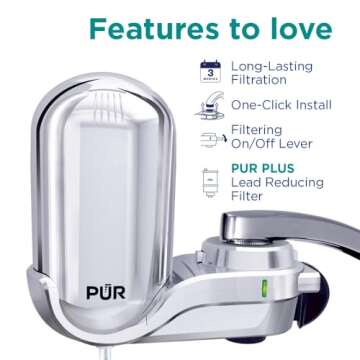 PUR PLUS Vertical Faucet Mount Water Filtration System with 3-in-1 Lead Reducing Filter for Great-Tasting Filtered Tap Water, Lasts 100 Gallons, Fits Most Kitchen or Bathroom Faucets, Chrome