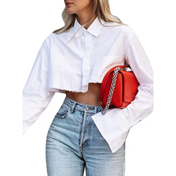 Remidoo Women's Asymmetrical Hem Long Sleeve Button Up Shirt Crop Top Blouse White Small