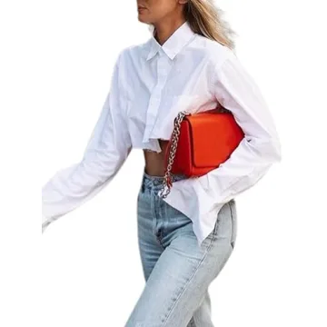 Remidoo Women's Asymmetrical Hem Long Sleeve Button Up Shirt Crop Top Blouse White Small