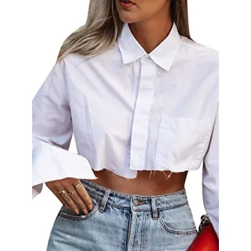 Remidoo Women's Asymmetrical Hem Long Sleeve Button Up Shirt Crop Top Blouse White Small