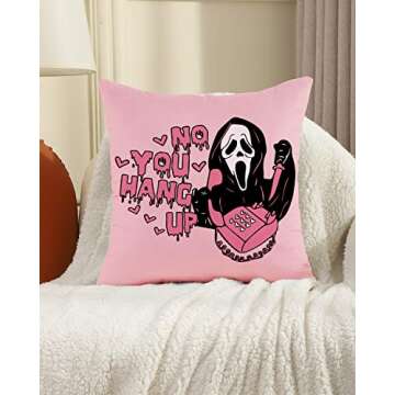 PreLiving 18x18 Inch Pink Throw Pillow Cover - 'No You Hang Up' Funny Horror Ghost Design, Romantic Halloween Day Decor, Soft Pillowcase for Sofa, Bedroom, Car, Birthday Party Supplies