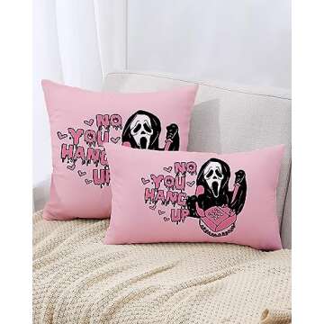 PreLiving 18x18 Inch Pink Throw Pillow Cover - 'No You Hang Up' Funny Horror Ghost Design, Romantic Halloween Day Decor, Soft Pillowcase for Sofa, Bedroom, Car, Birthday Party Supplies