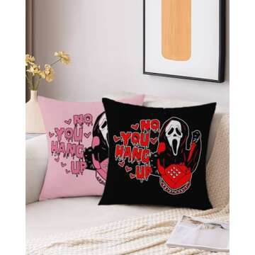 PreLiving 18x18 Inch Pink Throw Pillow Cover - 'No You Hang Up' Funny Horror Ghost Design, Romantic Halloween Day Decor, Soft Pillowcase for Sofa, Bedroom, Car, Birthday Party Supplies