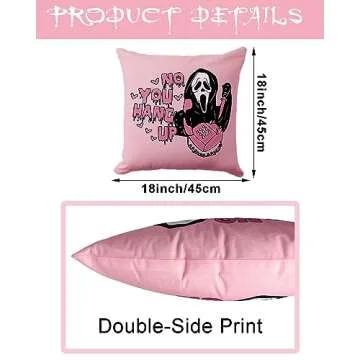 PreLiving 18x18 Inch Pink Throw Pillow Cover - 'No You Hang Up' Funny Horror Ghost Design, Romantic Halloween Day Decor, Soft Pillowcase for Sofa, Bedroom, Car, Birthday Party Supplies