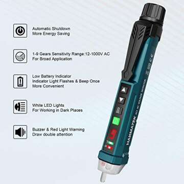 Auroland Non-Contact Voltage Tester with 9 Gear Adjustable Sensitivity Voltage Detector AC Circuit T...