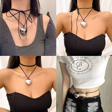 Chunky Puffy Heart Choker Necklace for Women Silver Big Metal Heart Pendant Necklace With Elegant Braided Bow Adjustable Goth Black Velvet Chain Y2K Trendy Jewelry Gifts for Teen Girls (1.7 in. Silver Heart)
