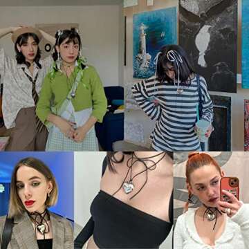 Chunky Puffy Heart Choker Necklace for Women Silver Big Metal Heart Pendant Necklace With Elegant Braided Bow Adjustable Goth Black Velvet Chain Y2K Trendy Jewelry Gifts for Teen Girls (1.7 in. Silver Heart)