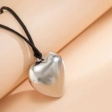 Chunky Puffy Heart Choker Necklace for Women Silver Big Metal Heart Pendant Necklace With Elegant Braided Bow Adjustable Goth Black Velvet Chain Y2K Trendy Jewelry Gifts for Teen Girls (1.7 in. Silver Heart)