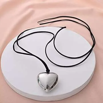 Chunky Puffy Heart Choker Necklace for Women Silver Big Metal Heart Pendant Necklace With Elegant Braided Bow Adjustable Goth Black Velvet Chain Y2K Trendy Jewelry Gifts for Teen Girls (1.7 in. Silver Heart)