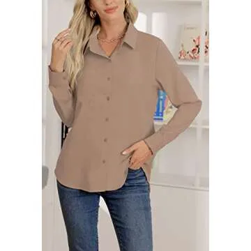 AISEW Womens Casual Button Down Shirts V Neck Chiffon Long Sleeve Collared Office Work Blouses Tops with Pocket (1149Khaki, Small)