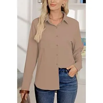 AISEW Womens Casual Button Down Shirts V Neck Chiffon Long Sleeve Collared Office Work Blouses Tops with Pocket (1149Khaki, Small)