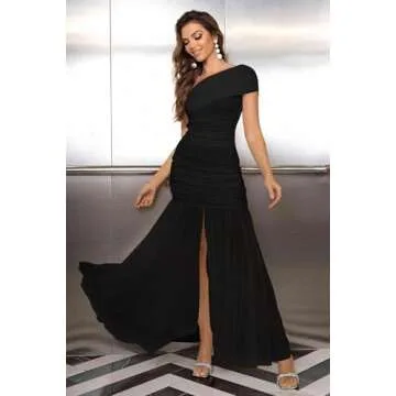 LAGSHIAN Women's Elegant Formal Long Dress One Shoulder Sleeveless Ruched Bodycon Evening Dress Black