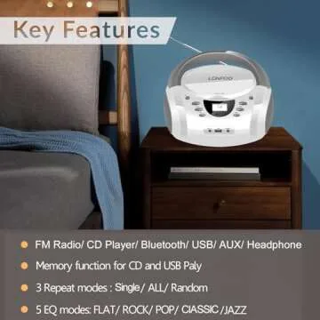 LONPOO CD Player Portable Boombox with FM Radio/USB/Bluetooth/AUX Input and Earphone Jack Output, Stereo Sound Speaker & Audio Player,White