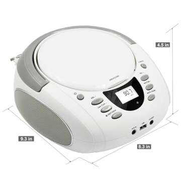 LONPOO CD Player Portable Boombox with FM Radio/USB/Bluetooth/AUX Input and Earphone Jack Output, Stereo Sound Speaker & Audio Player,White
