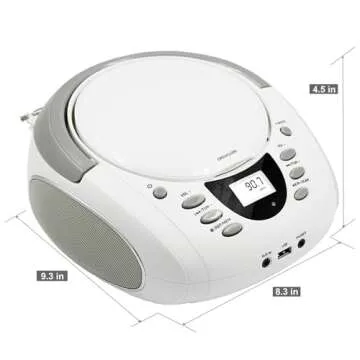LONPOO CD Player Portable Boombox with FM Radio/USB/Bluetooth/AUX Input and Earphone Jack Output, Stereo Sound Speaker & Audio Player,White