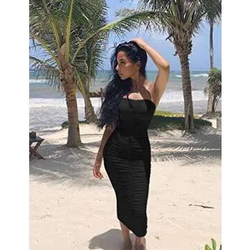 BEAGIMEG Women's Sexy Ruched Strapless Bodycon Tube Maxi Long Club Dress Black