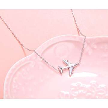 Airplane Sideways Choker Necklace S925 Sterling Silver Aircraft Jelwery Adjustable Chain 15+3 Inch for Women Lady, Best Gifts for Stewardess Flight Attendants (Choker)
