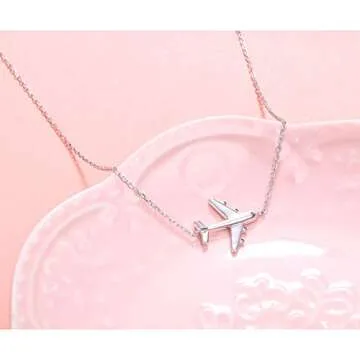 Airplane Sideways Choker Necklace S925 Sterling Silver Aircraft Jelwery Adjustable Chain 15+3 Inch for Women Lady, Best Gifts for Stewardess Flight Attendants (Choker)