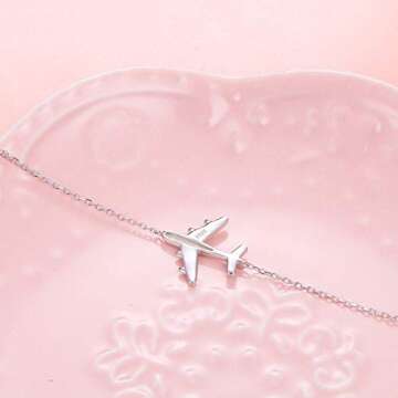Airplane Sideways Choker Necklace S925 Sterling Silver Aircraft Jelwery Adjustable Chain 15+3 Inch for Women Lady, Best Gifts for Stewardess Flight Attendants (Choker)