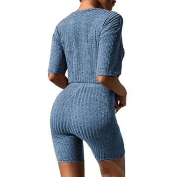 Ekouaer Pajamas 2 Piece Lounge Sets Ribbed Knit Matching Outfits T-shirt Biker Shorts Sleepwear Loun...