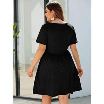 Milumia Plus Size A Line Summer Dresses for Women 2023 V Neck Button Front Short Sleeve Flared Midi Dress A Black