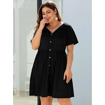 Milumia Plus Size A Line Summer Dresses for Women 2023 V Neck Button Front Short Sleeve Flared Midi Dress A Black