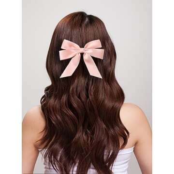 Furling Pompoms Hair Accessories: Pink Ribbons, Bows Barrettes, and Alligator Clips for Girls and Women - 4.7 Inch