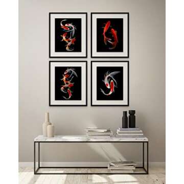 Crystal Canvas Prints Koi Fish Photography Prints - Set of 4 (11x14) Inches Glossy Monochromatic Bla...
