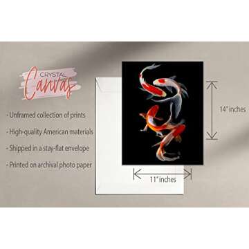 Crystal Canvas Prints Koi Fish Photography Prints - Set of 4 (11x14) Inches Glossy Monochromatic Black Orange White Animal Minimalist Wall Art Decor - Japan Carp Water Pond Wildlife Animal Aquatic