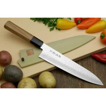 Yoshihiro VG10 46 Layers Hammered Damascus Gyuto Japanese Chefs Knife (Octagonal Ambrosia Handle) (8...