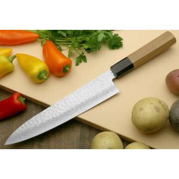 Yoshihiro VG10 46 Layers Hammered Damascus Gyuto Japanese Chefs Knife (Octagonal Ambrosia Handle) (8.25" (210mm)