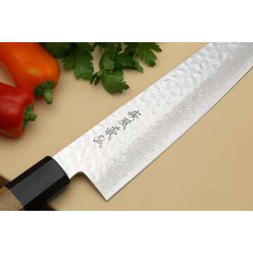 Yoshihiro VG10 46 Layers Hammered Damascus Gyuto Japanese Chefs Knife (Octagonal Ambrosia Handle) (8.25" (210mm)