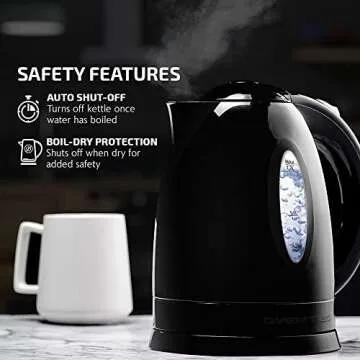 OVENTE Electric Kettle, Hot Water, Heater 1.7 Liter - BPA Free Fast Boiling Cordless Water Warmer - Auto Shut Off Instant Water Boiler for Coffee & Tea Pot, Regular, Black KP72B