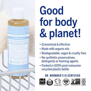 Dr. Bronner's - Pure-Castile Liquid Soap (Baby Unscented, 4 Ounce) - Made with Organic Oils, 18-in-1 Uses: Face, Hair, Laundry, Dishes, For Sensitive Skin, Babies, No Added Fragrance, Vegan, Non-GMO