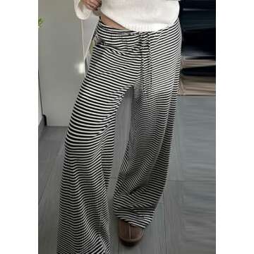 pnahip Women's Comfy Pajama Pants Loose Casual Drawstring Lounge Pants Striped Print Stretch Wide Leg Pants