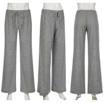 pnahip Women's Comfy Pajama Pants Loose Casual Drawstring Lounge Pants Striped Print Stretch Wide Leg Pants