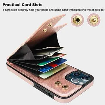 Folosu Compatible with iPhone 12/12 Pro Case Wallet with Card Holder, 360°Rotation Finger Ring Holder Kickstand Protective RFID Blocking PU Leather Double Buttons Flip Shockproof 6.1 Inch Rose Gold