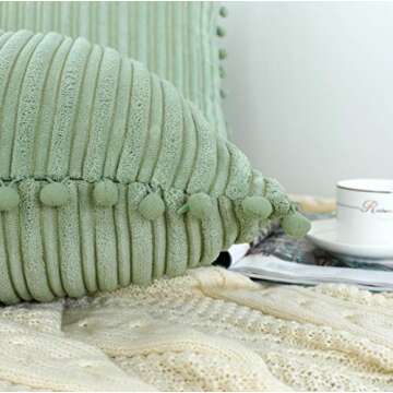 Oirpro Green Pillow Covers 18x18 inch with Pom-poms Set of 2 Corduroy Farmhouse Boho Accent Decorative Throw Pillow Covers for Couch Bed Sofa