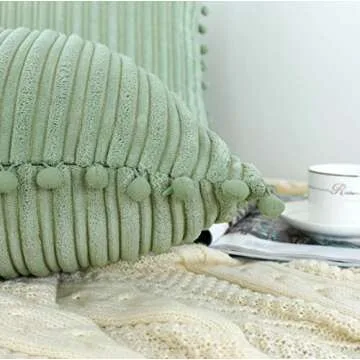 Oirpro Green Pillow Covers 18x18 inch with Pom-poms Set of 2 Corduroy Farmhouse Boho Accent Decorative Throw Pillow Covers for Couch Bed Sofa