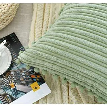 Oirpro Green Pillow Covers 18x18 inch with Pom-poms Set of 2 Corduroy Farmhouse Boho Accent Decorative Throw Pillow Covers for Couch Bed Sofa