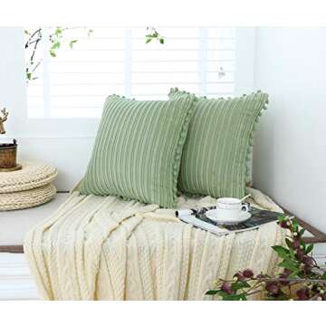 Oirpro Green Pillow Covers 18x18 inch with Pom-poms Set of 2 Corduroy Farmhouse Boho Accent Decorative Throw Pillow Covers for Couch Bed Sofa