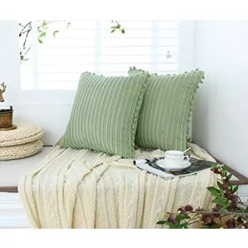 Oirpro Green Pillow Covers 18x18 inch with Pom-poms Set of 2 Corduroy Farmhouse Boho Accent Decorative Throw Pillow Covers for Couch Bed Sofa