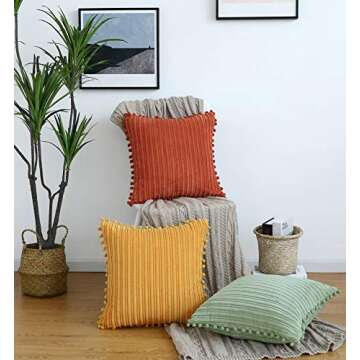Oirpro Green Pillow Covers 18x18 inch with Pom-poms Set of 2 Corduroy Farmhouse Boho Accent Decorative Throw Pillow Covers for Couch Bed Sofa
